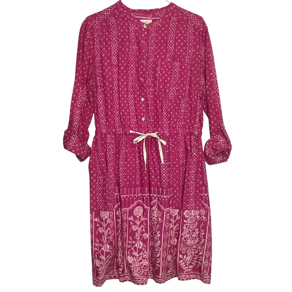 Anthropologie Dress Size 10 Pink White Floral Tie Waist Meadow Rue 100% Cotton